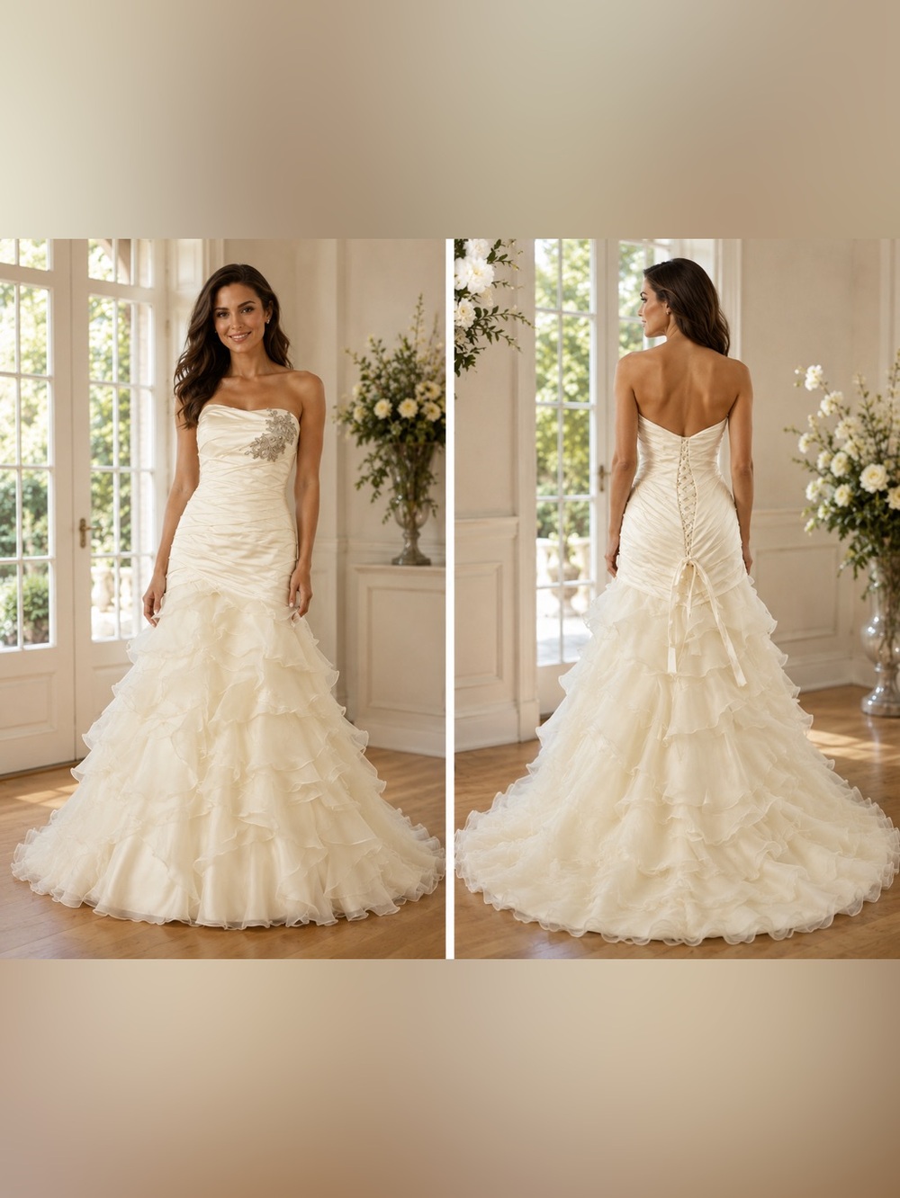Strapless Ivory Ruffled Bridal Gown with Beaded Detail